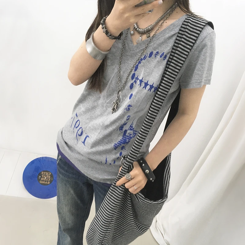 Karrram Japanese Y2k Fake Two-piece T-shirt Trashy 2000s Letter Print V-neck Tops Vintage Harajuku Streetwear American Retro 90s