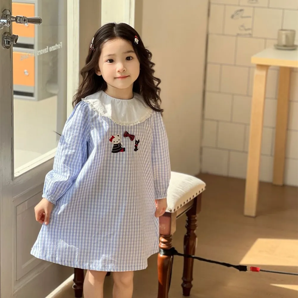 

baby dress Spring summer long sleeved dress Blue Grid&Cartoon Pattern Sweet girl's loose and comfortable straight dress