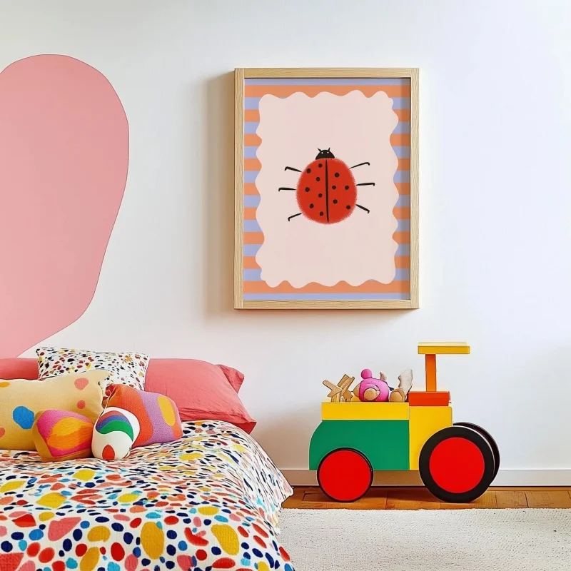 Impression de coccinelle pour chambre d'enfant : Art mural éclectique bohème pour enfants, décoration intérieure, toile sans cadre, affiche décorative murale