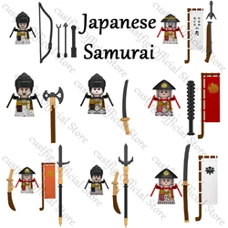 Medieval Cartoon Action Figures Japanese Samurai Sword Building Blocks Soldiers Armor Helmet Weapons Flag Bricks Toys Kids Gifts
