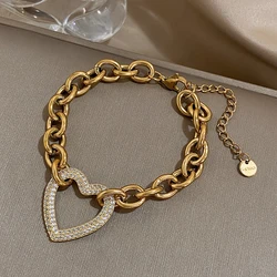 Punk Chunky Gold Color Thick Chain Stainless Steel Bracelets for Women Fashion Big Rhinestone Heart Love Pendant Wrist Jewelry