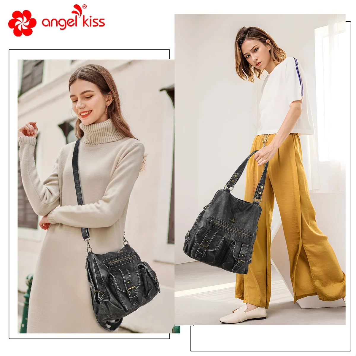  Backpack Women Handbags Satchel Top-handle Soft PU Shoulder Bag Fashion Vintage Multi-pockets Large Backpack Wellet