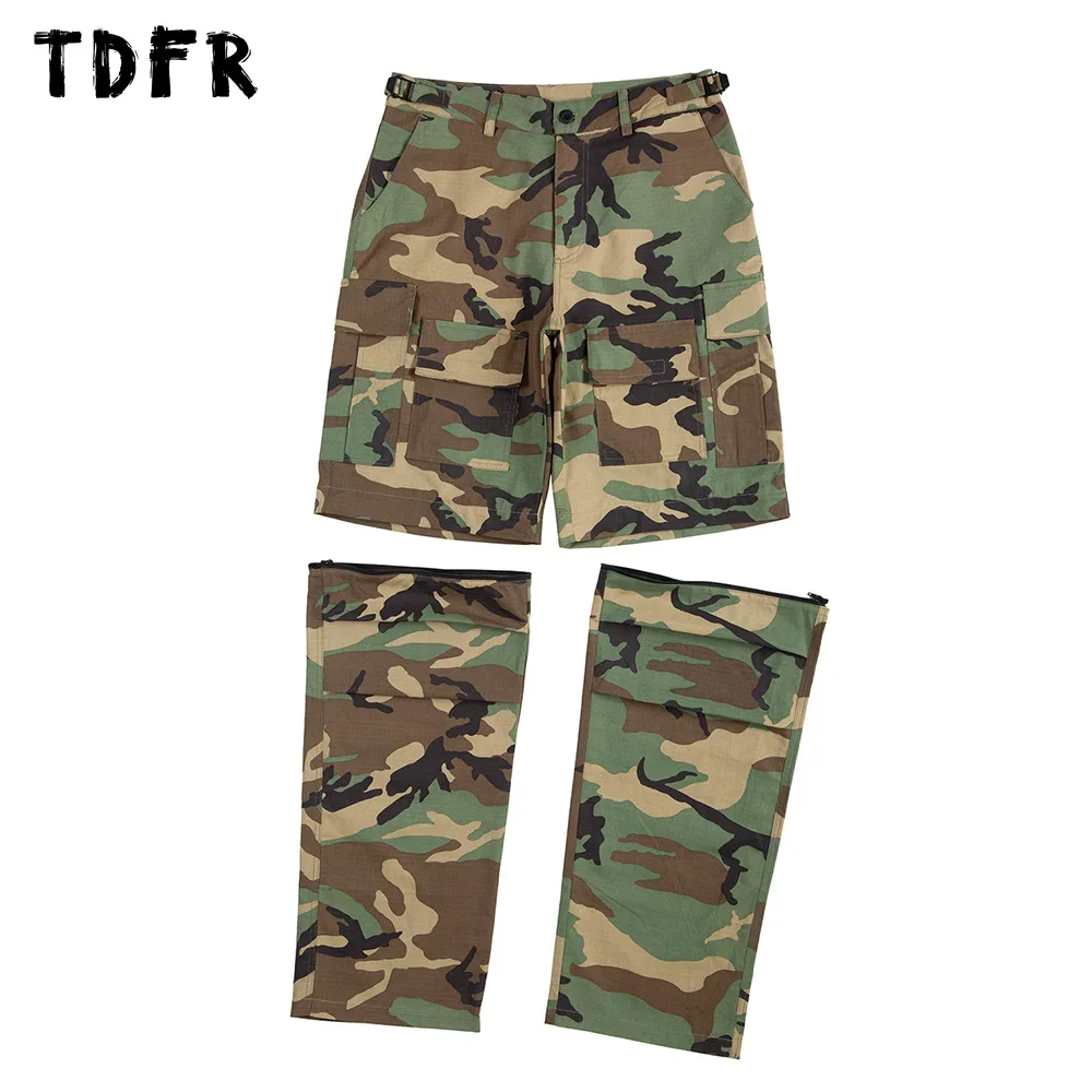 Camouflage Cargo Pants Mens Safari Style Pleated Multi-Pocket Straight Loose Removable Trousers Men