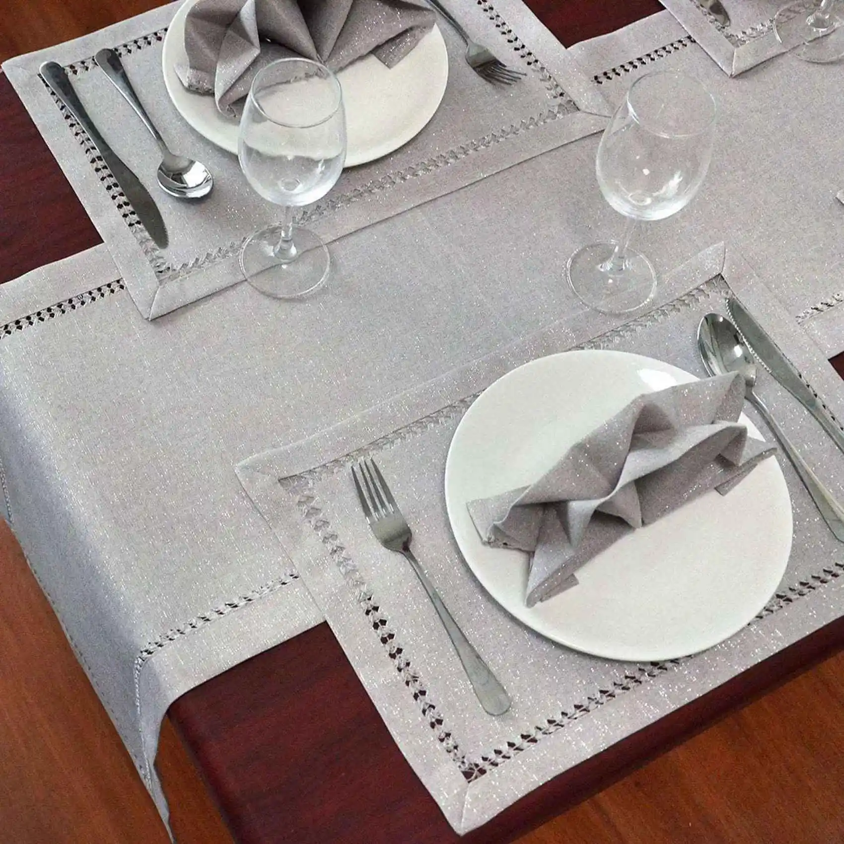 AT19-2X Hand Hemstitched Dining Table Runner Dresser Scarves, Silver Thread Interweaving (Light Gray, 12 X 72 Table Runners)