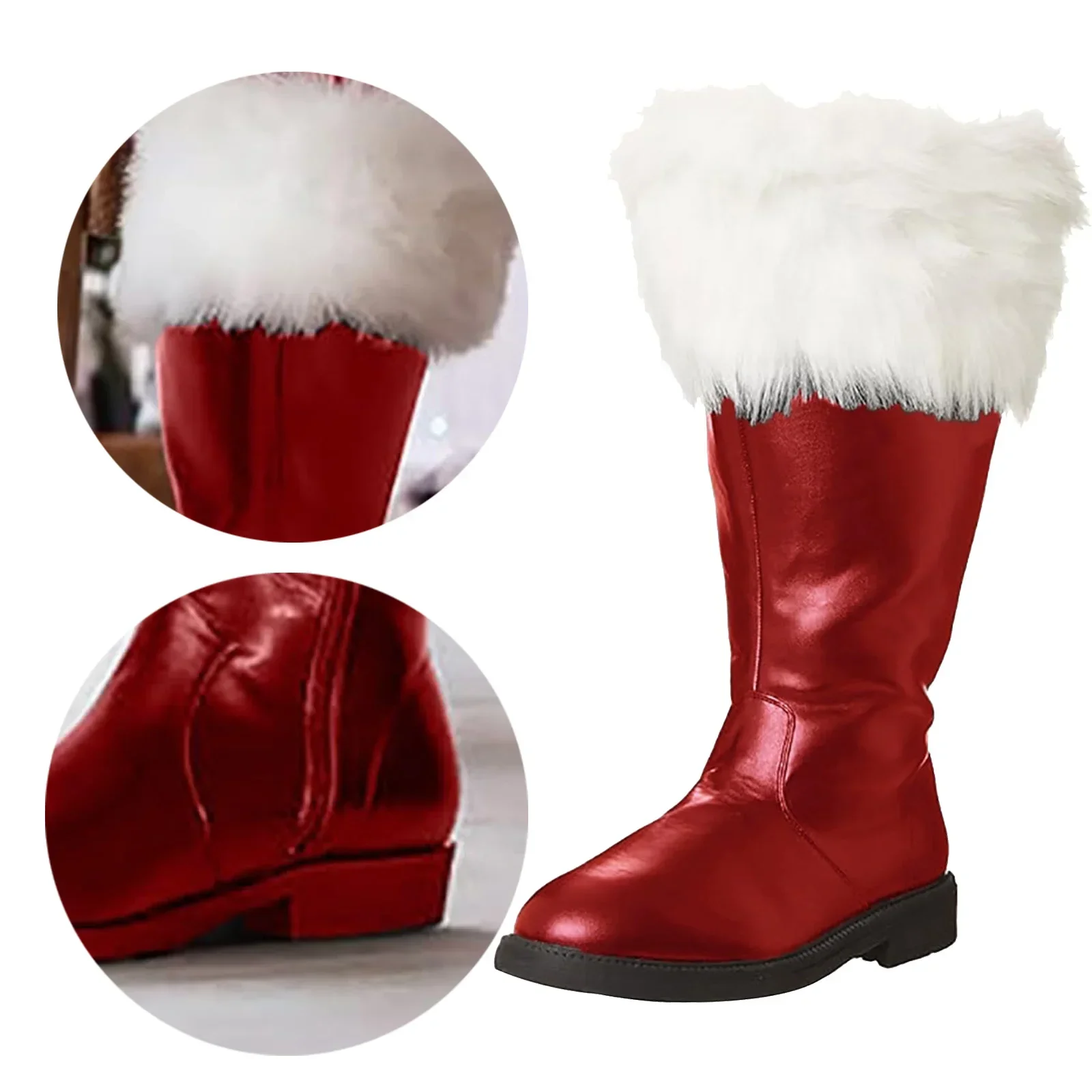 Christmas Santa Claus Boots Men's Cosplay Black Leather Shoes White Plush Cuffs Foot Halloween Christmas Winter Boots