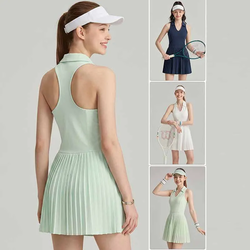 Women Polo Tennis Golf Dress with Chest Pads&Shorts Pleated V-Neck Fitness Skirts Female Sleeveless Quick-dry Sport Dresses