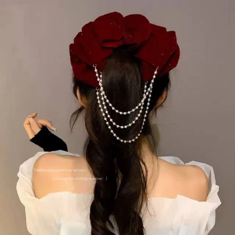 

Velvet Multi-layer Bow Hair Clip Pearl Tassel Hairpins Elegant Temperament Spring Clip Headband Hair Accessories for Women