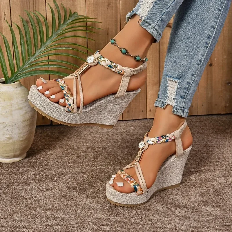 Women's Sandals 2024 Summer High Quality Elastic Band Platform Mixed Color Outdoor Leisure Comfortable Wedge Women's Sandals