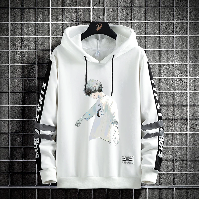 

Мужская толстовка с капюшоном на осень-зиму, утепленная, свободного кроя, с длинными рукавами, на флисовой подкладке, повседневная уличная одежда из полиэстера, молодежная мода