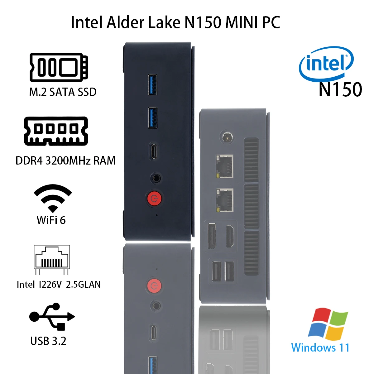 Mini PC Intel Alder Lake N150 Mini Desktop Gaming Computer Portable NUC BOX Computer 4-Core 4-thread 2.5G Lan SSD
