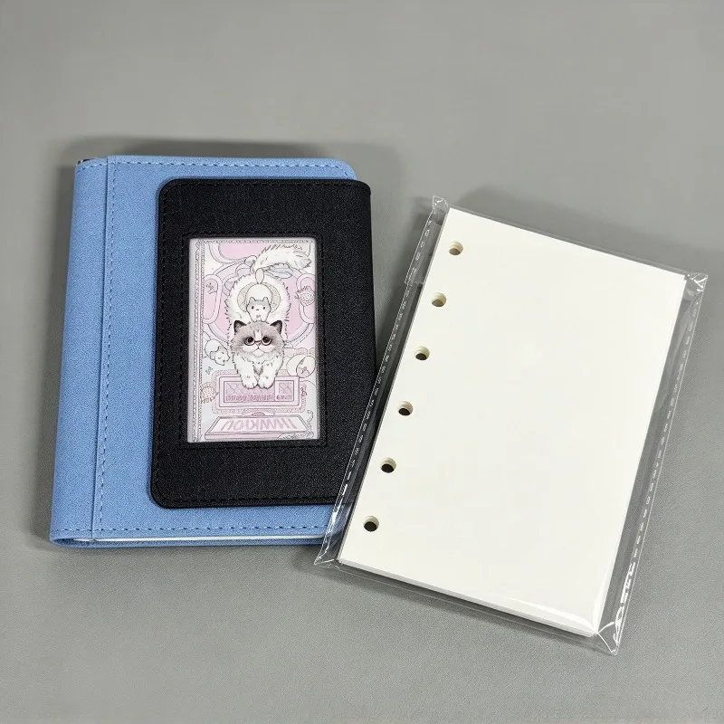 Magnetic A7 Denim Three-fold Loose-leaf Card Holder Notebook Cat Illustration Binder Notebook Album Student Stationery Gift