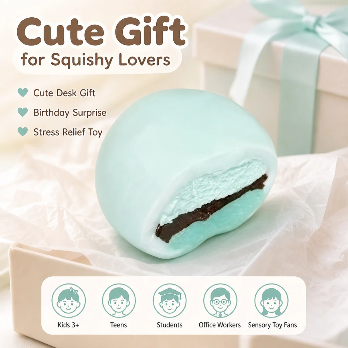 Food Safe Half Cut Snow Mochi Squishy Toy Mint Color Outer Layer With Double Layer Inner Stuffing Slow Rising Soft Hand Squeeze