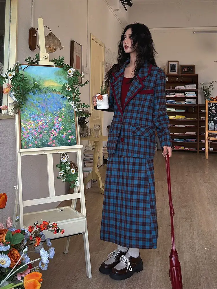 Korean Two Piece Set Skirt  Retro Windbreaker Female Design Stitching Color Contrast Plaid Spring Autumn Casual Women