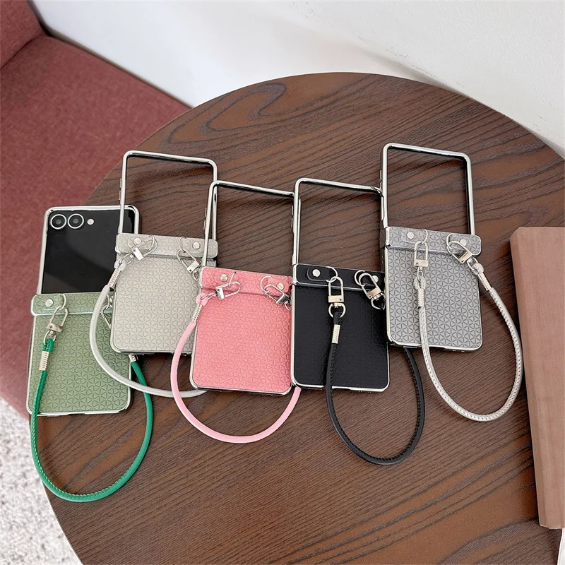 

Роскошный гальванический чехол для телефона с ромбовидной сеткой для Samsung Galaxy Z Flip 7 FE 6 5 4 3, противоударный чехол с кожаным ремешком