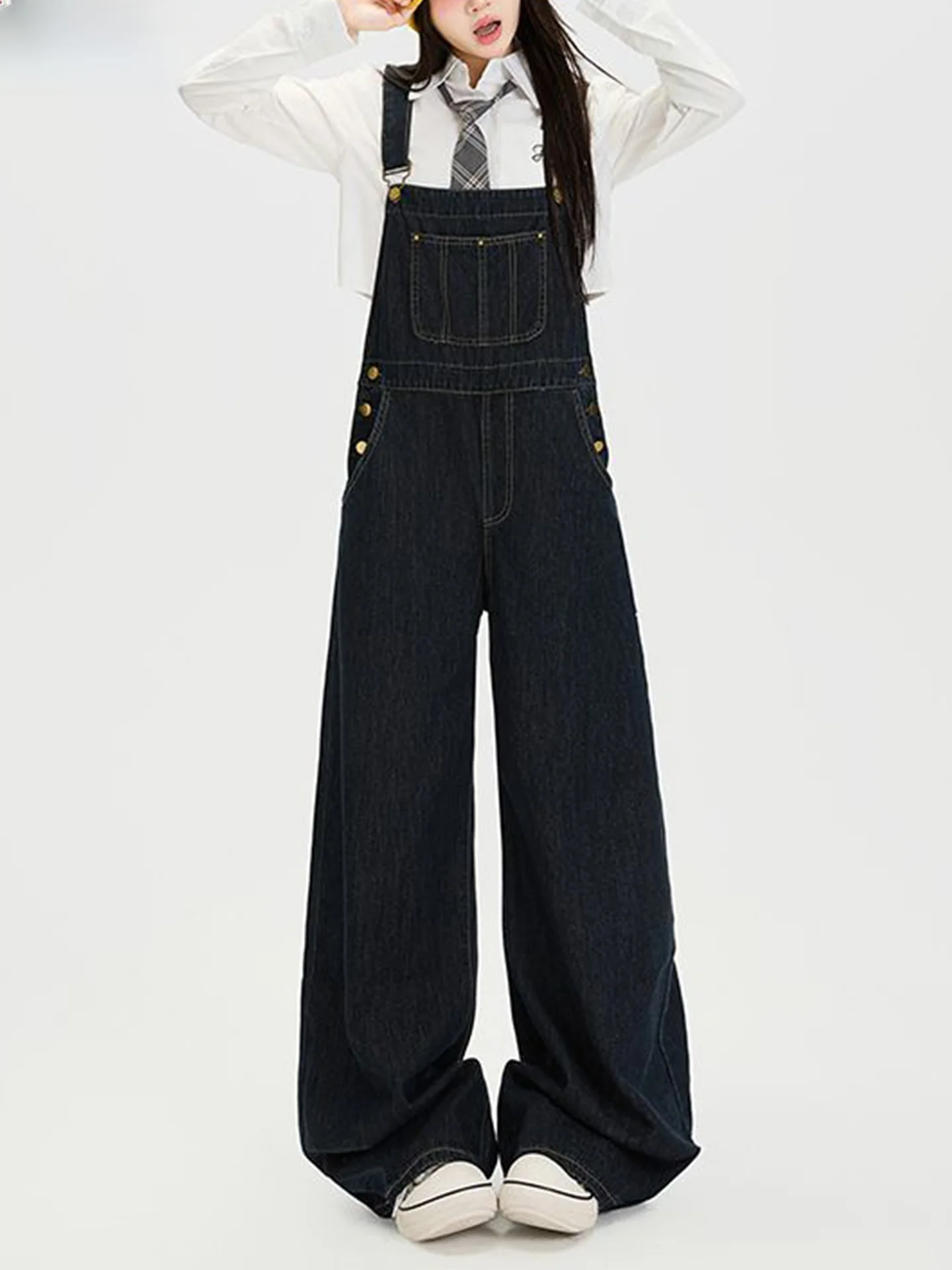 

Широкие джинсовые комбинезоны в американском стиле ретро, женские новые осенние свободные драпированные цельные брюки с высокой талией, карго с деталями