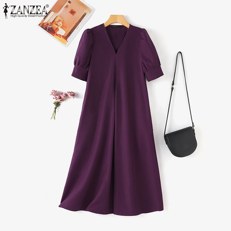 ZANZEA Vestidos midi informales de talla grande 5XL para mujer, vestido largo con cuello en V y manga corta abullonada, vestido largo con corte en A, vestidos extragrandes para vacaciones de primavera para mujer