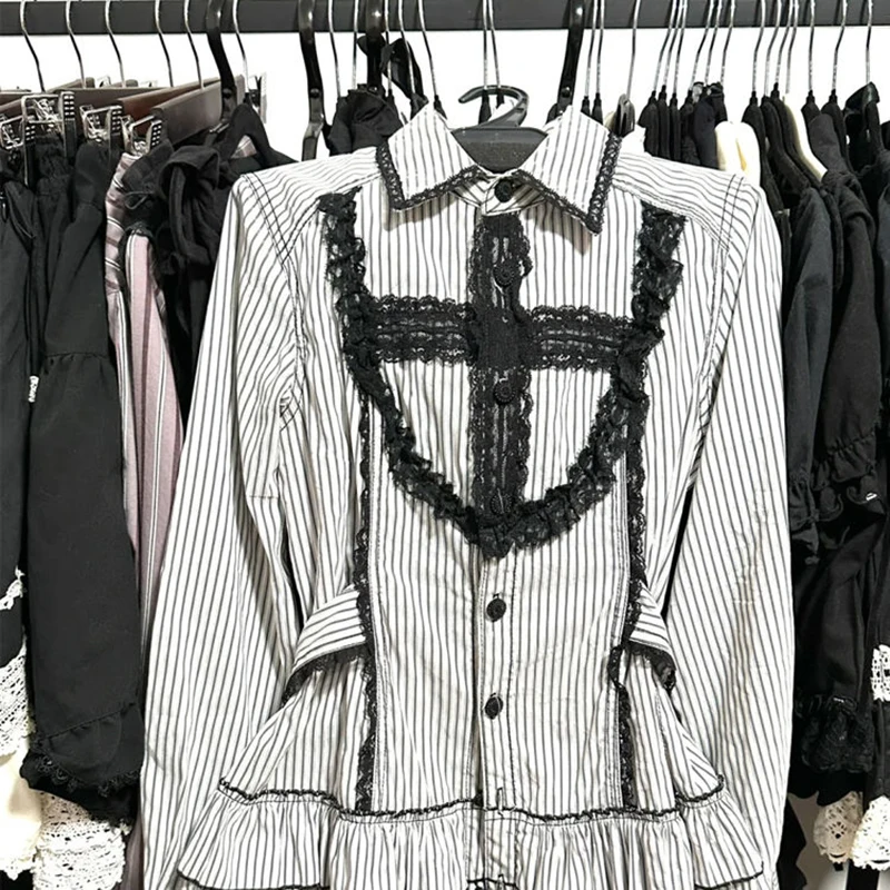 โกธิคลายชุดผู้หญิงวินเทจลูกไม้เย็บปะติดปะต่อแขนยาวชุดญี่ปุ่นหวานกระโหลกสไตล์ลูกไม้ขึ้นสายเสื้อVestidos