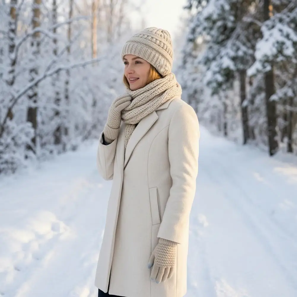 Fashionable Cable Knit Winter Set Winter Thermal Three-piece Set Thick Knit Hat Scarf Gloves Kit Weather for Outdoor for Winter