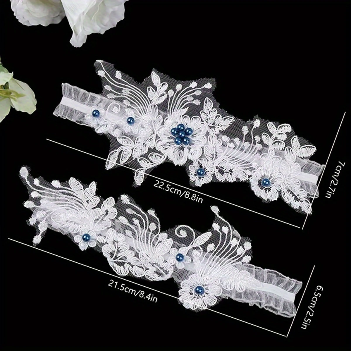 Um par de meias de casamento para noivas europeias e americanas, com meias de pérola azul e presilhas elásticas sexy para pernas