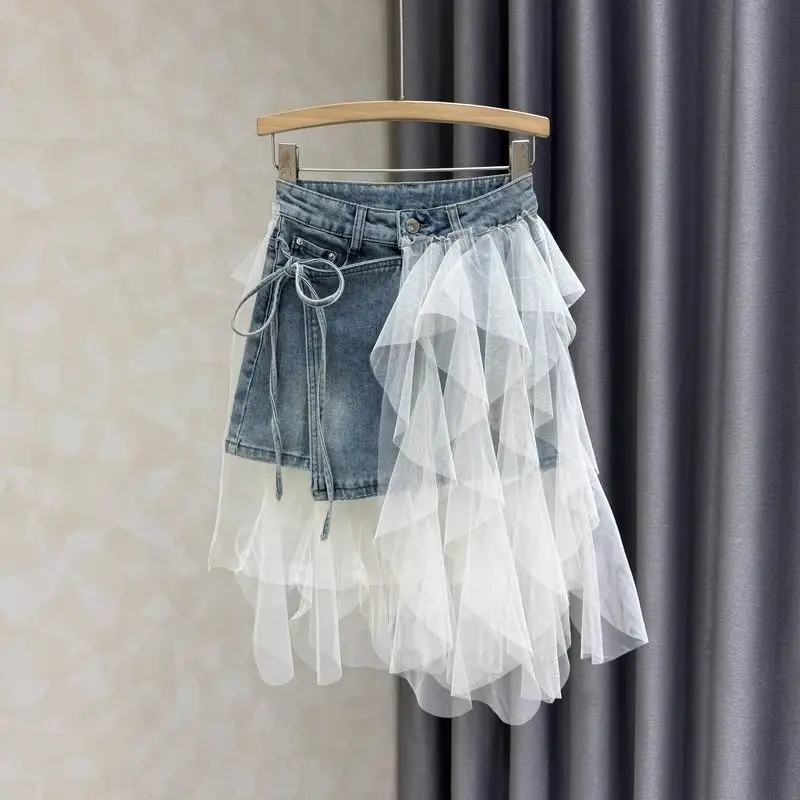 

Design sense mesh stitching denim women's summer irregular Spice girl high waist and thin short skirt pants