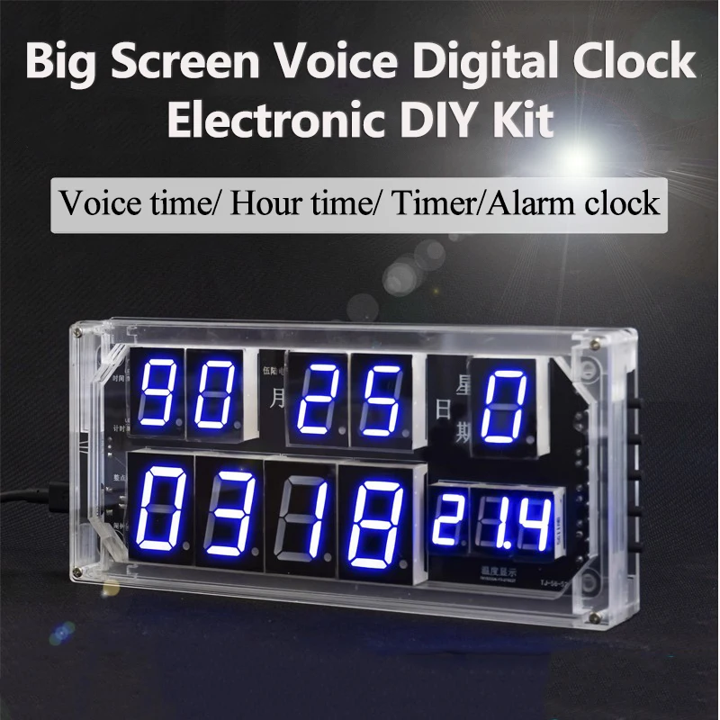 Large Screen Voice Digital Clock Kit Temperature Time Display DIY Electronic Parts Self Assembly and Soldering Components