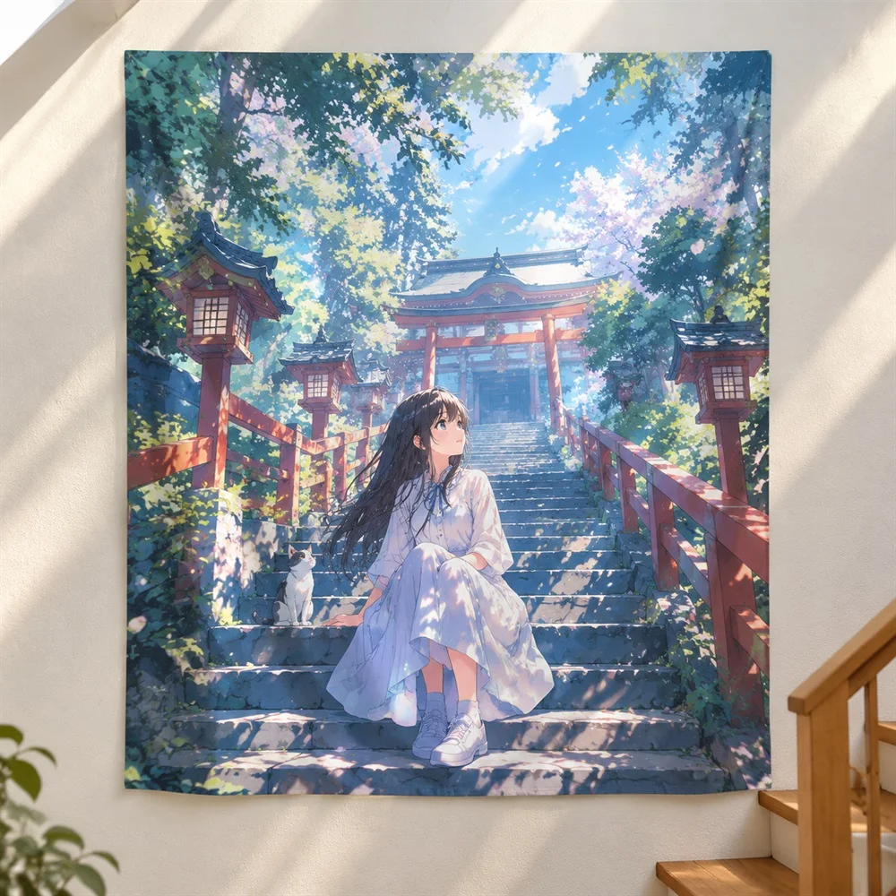 VIKAMA Shrine Stone Steps Anime Tapestry Wall Hanging, Japanese Anime Wall Decor Tapestries for Bedroom Living Room Study Dorm