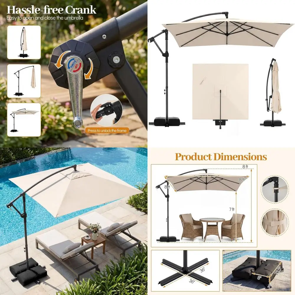 

Квадратный консольный зонт для патио 8x8 футов с поворотом на 360 градусов ° Вращающаяся подставка для мешка с песком, 8 ребер, для террасы или сада