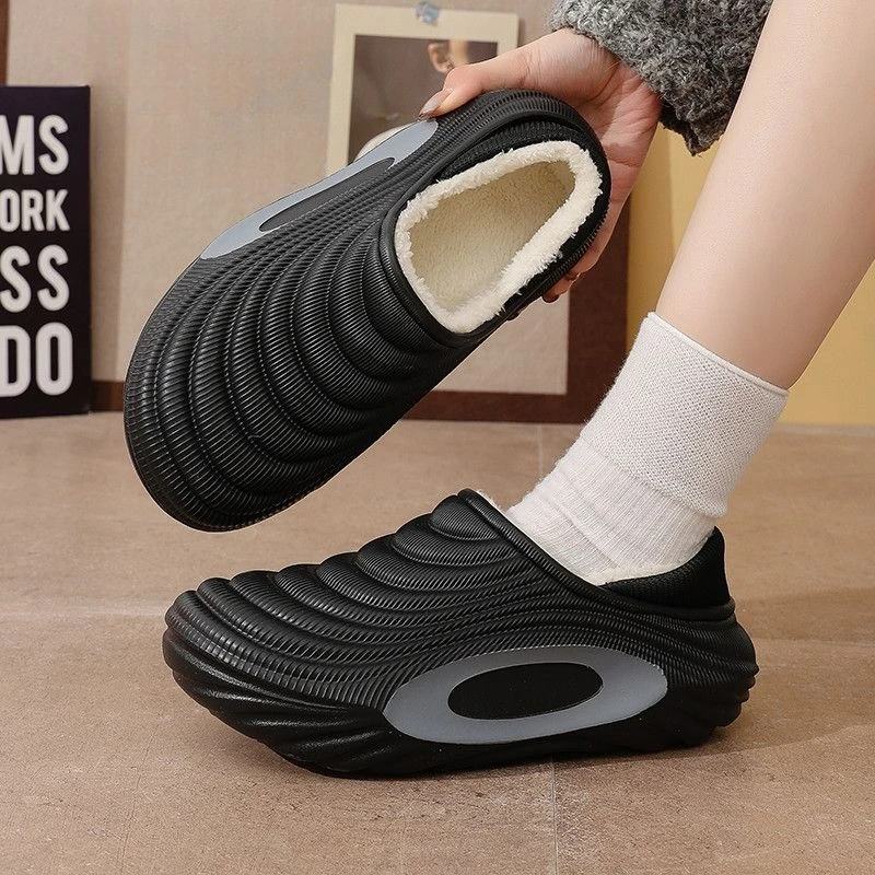New Winter Men's Cotton Slippers, Waterproof Outdoor Indoor Non-Slip Thick Sole Warm Fleece-Lined House Shoes