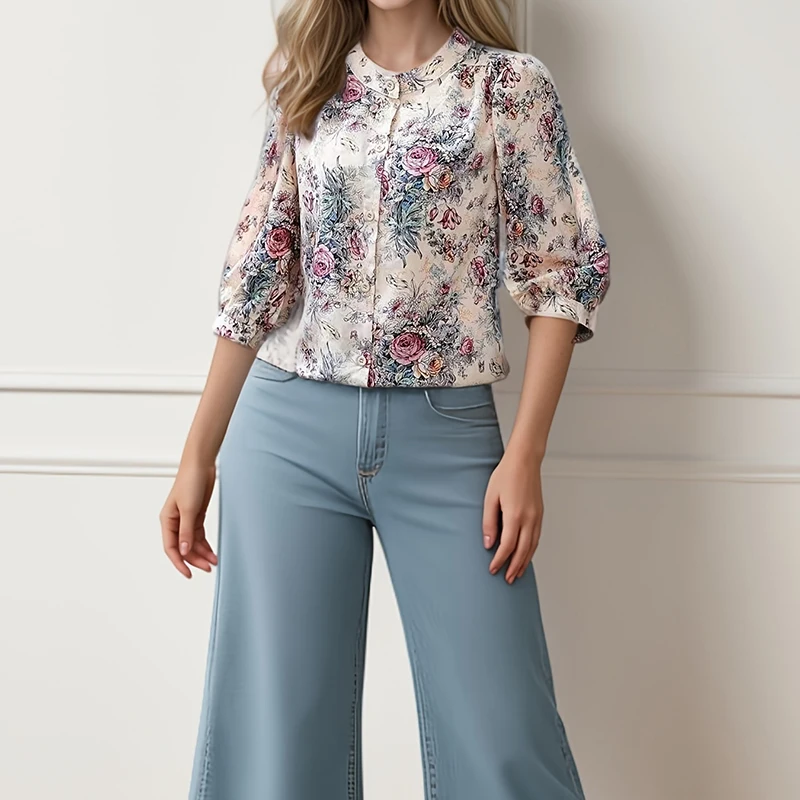 หรูหราสบายๆดอกไม้เล็กๆ O-คอเดี่ยว Breasted TopThree-quarter แขนยาวสําหรับผู้หญิงเสื้อและเสื้อแนวโน้ม