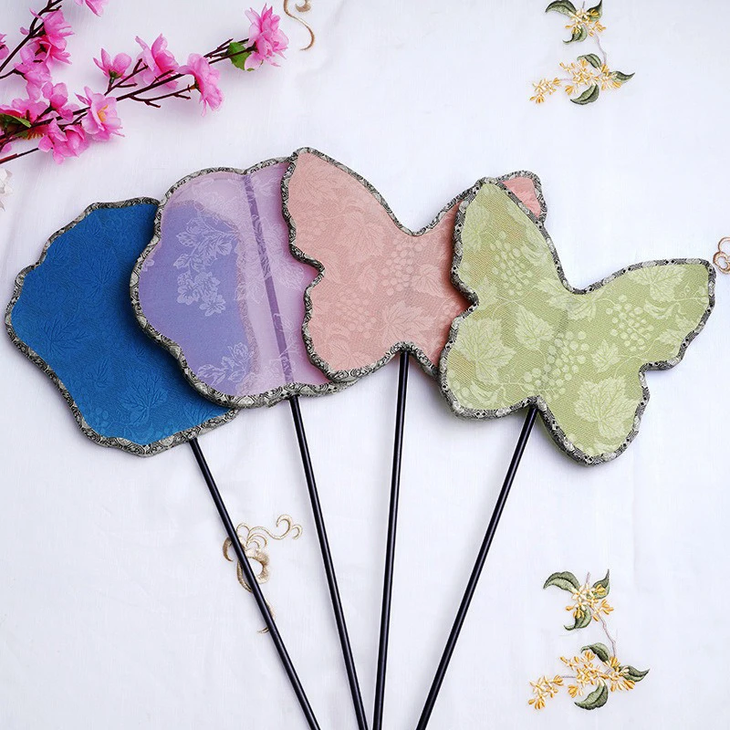 Butterfly Fan Imitation Flower Luo Shaped Fan Long And Short Handle Fan Hanfu Dance Retro Shooting Props Wedding Party Round Fan