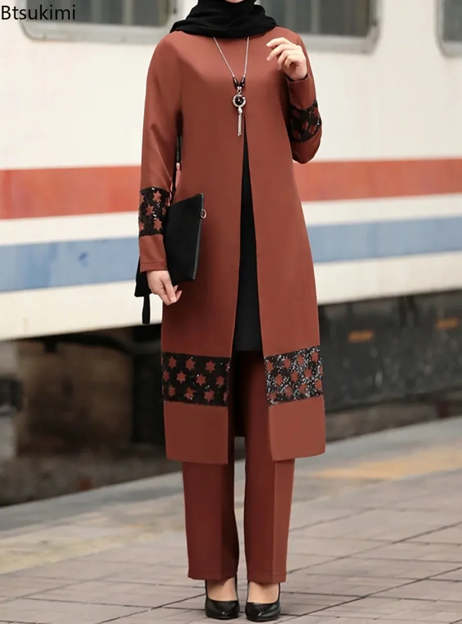 Elegante abaya vestido muçulmano 2 peça define feminino musulman médio oriente novos conjuntos islam roupas eid mubarek ramadan dubai abayas terno