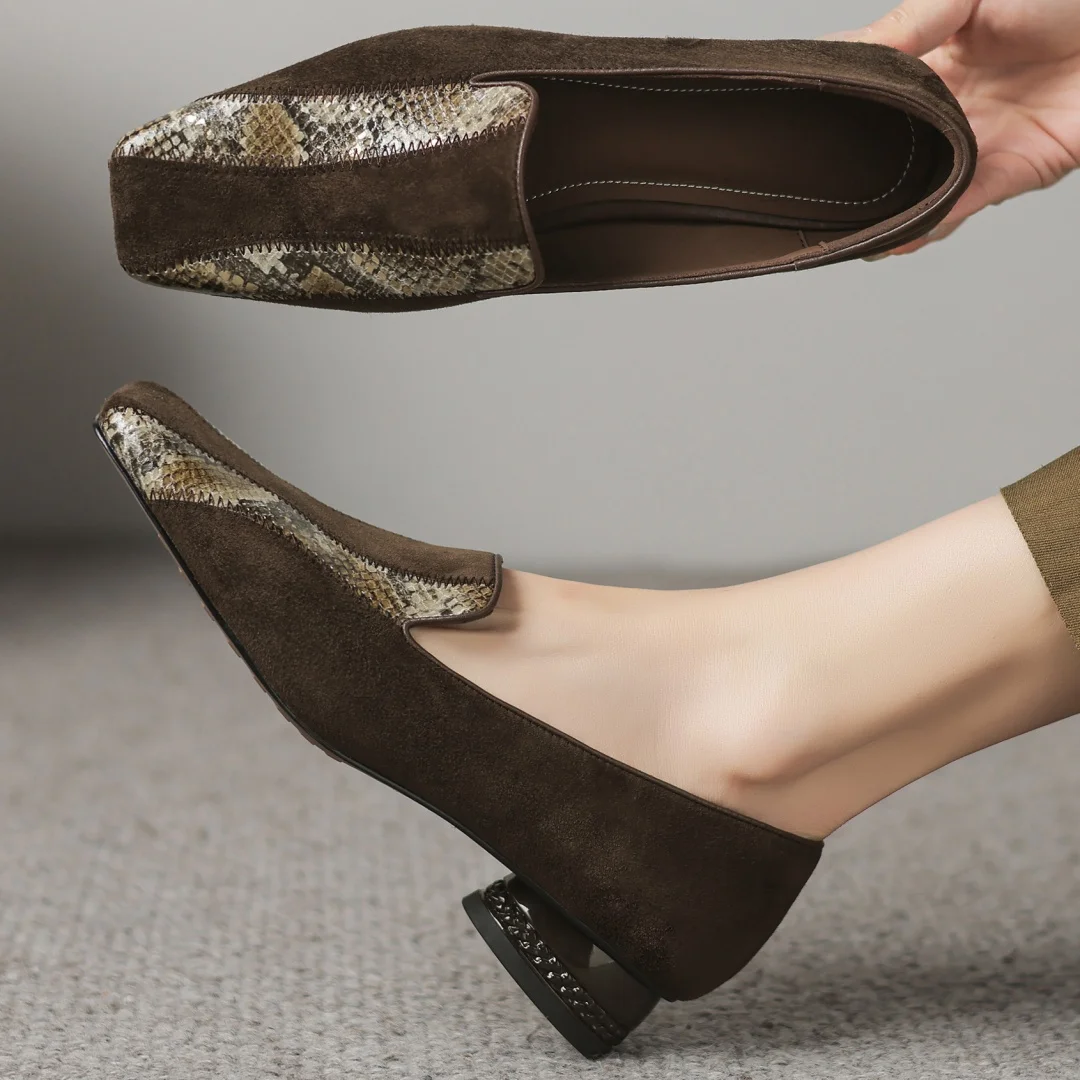 

Flokathy women's genuine leather patchwork square toe slip-on pumps 3cm round low heel high quality soft comfortable daily shoes