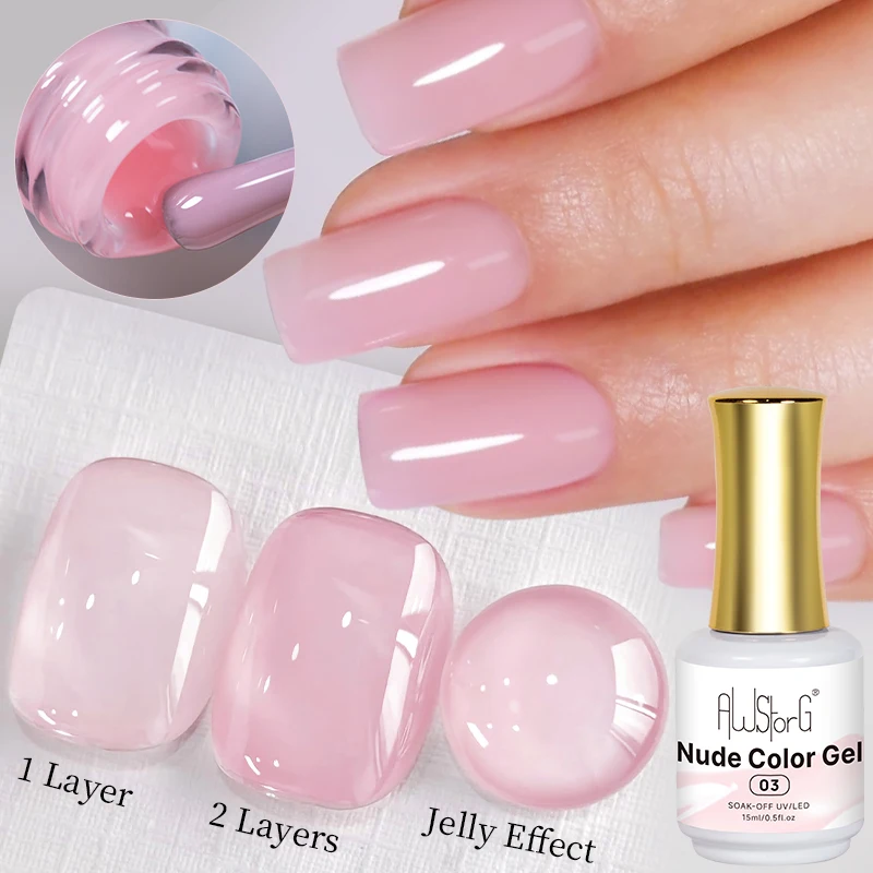 AWStorG 15ml Jelly Nude Pink Transparent Gel Soak Off UV LED Gloss Varnish Natural Glass Manicure Salon DIY Nail Art Gel Polish