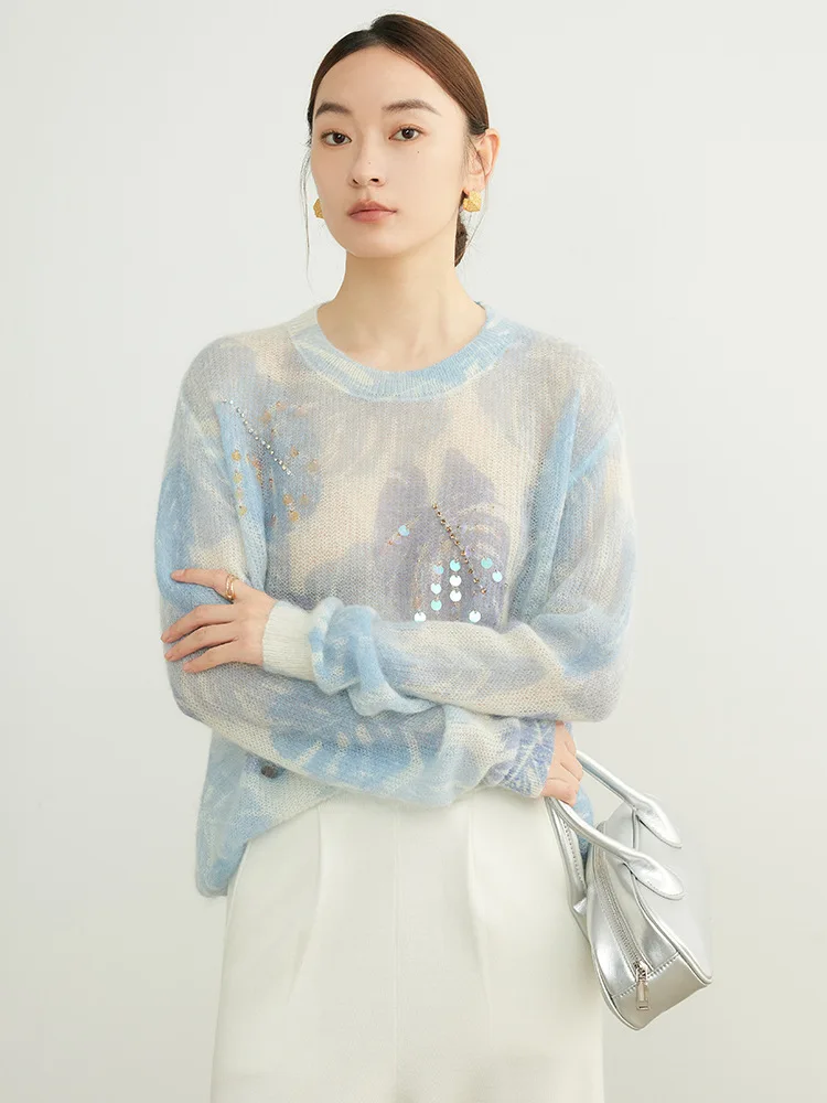 SuyaDream, Women Mohair Pullovers, Wool Blend Printed Sweaters, 2024 Fall Winter Fashionable Top, Blue