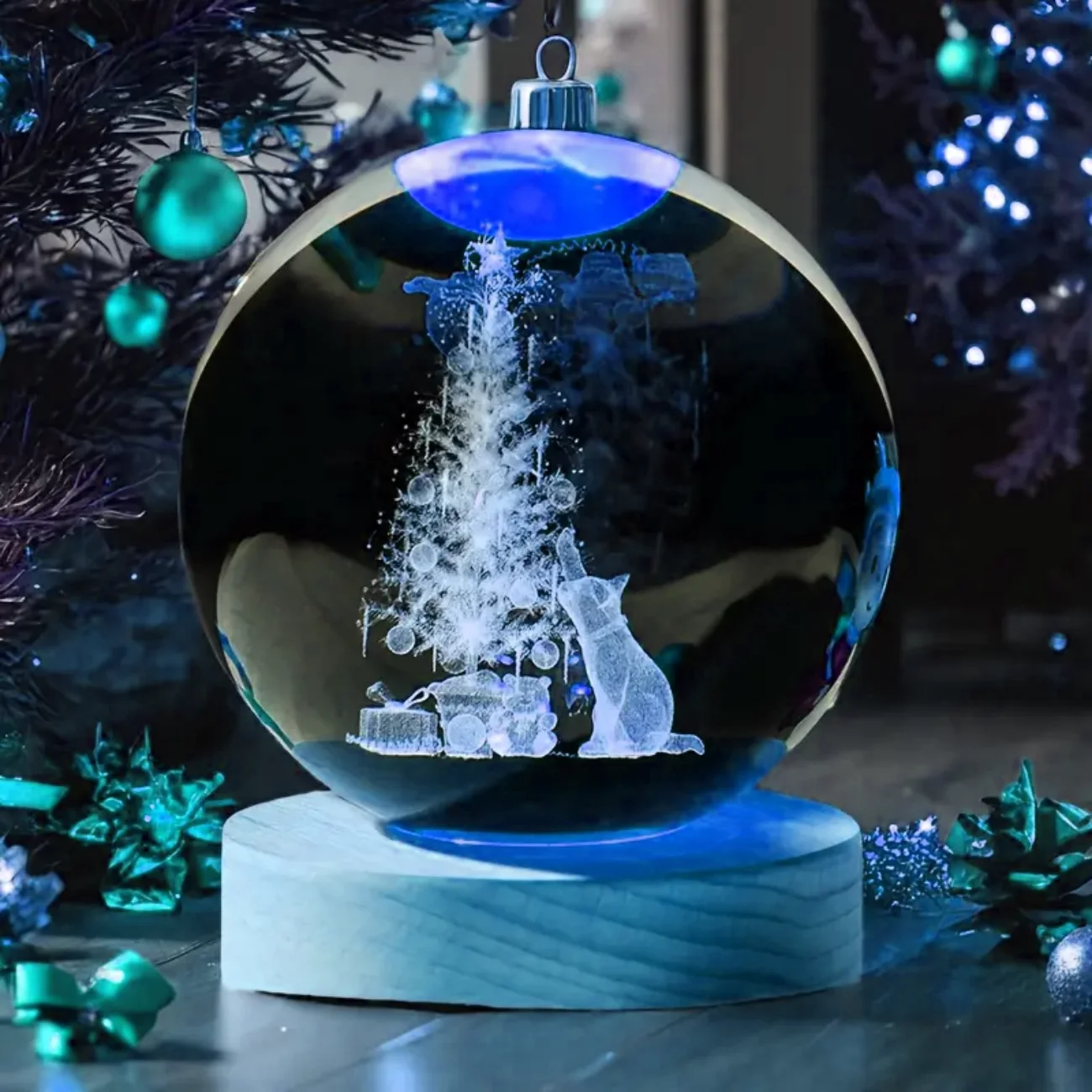 1pc,Christmas Cat 3D laser carved crystal ball with colored lights, living room bedroom home decorative lights, table decoration