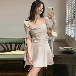 Lygens Satin Solid Elegant Backless Tassel Solid Mini Korean Sexy Dress Summer Streetwear Sleepwear  Casual Women Clothing