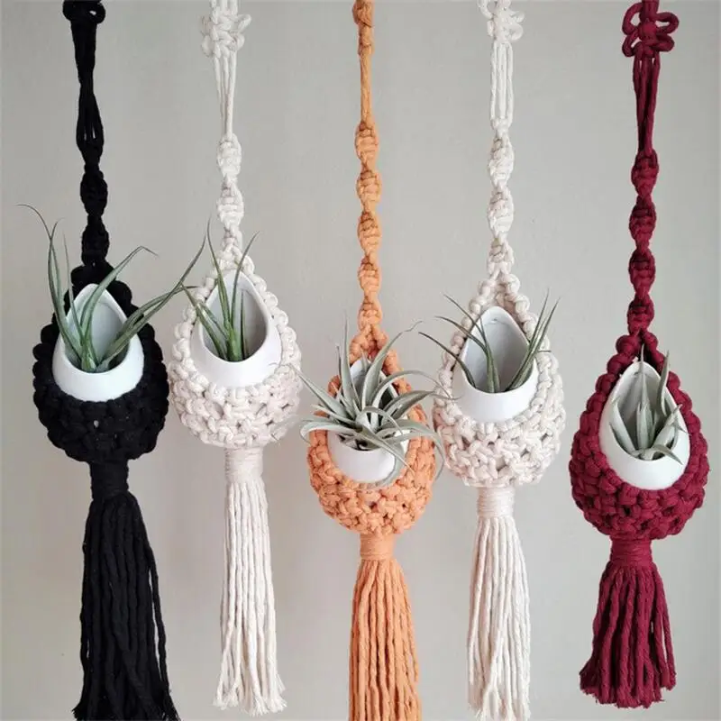 Colourful Macrame Wall Hanging Air Plant Holder Bohemian Style Planter Cotton Hand Weaving Flowerpot Net Bag For Home Decor