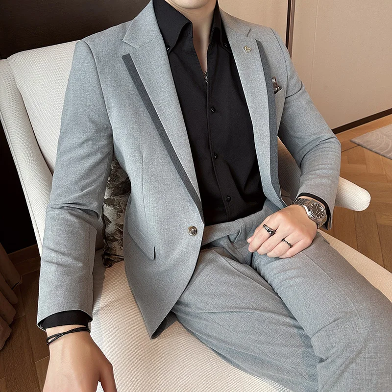 

High-quality men (suit + trousers) wedding all-in-one suit New fashion trend two-piece suit Smart Casual Four Seasons Blaze