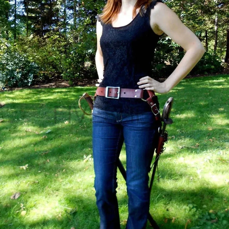 حزام غمد مزدوج من الجلد للهالوين في القرون الوسطى، حزام عتيق محارب مزدوج، غمد Steampunk، ملحقات خصر الفارس