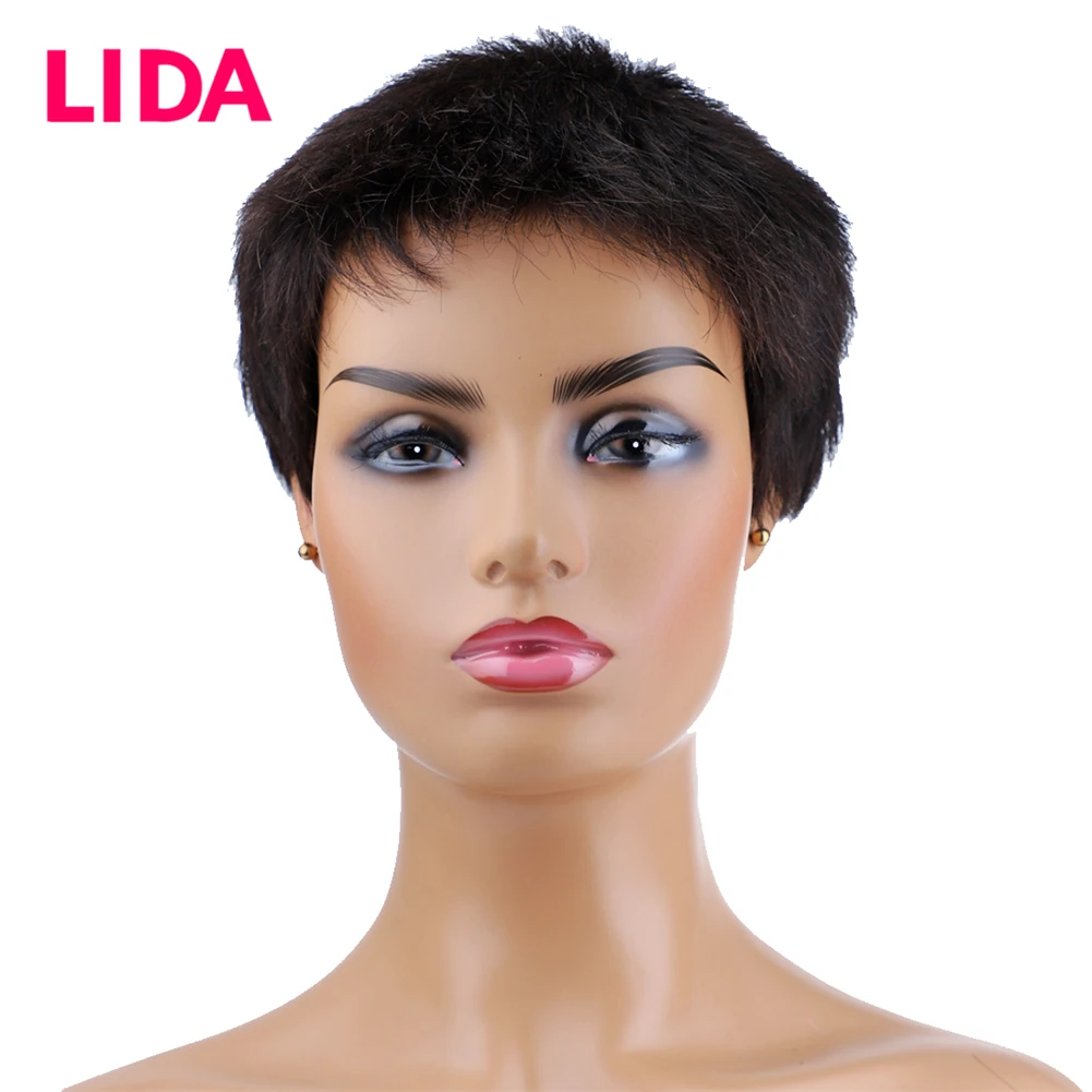 

Lida Pixie Cut Короткие человеческие волосы Парик Non-remy Прямые волосы для наращивания Машинное производство Натуральные черные парики для женщин или мужчин Стиль экипажа