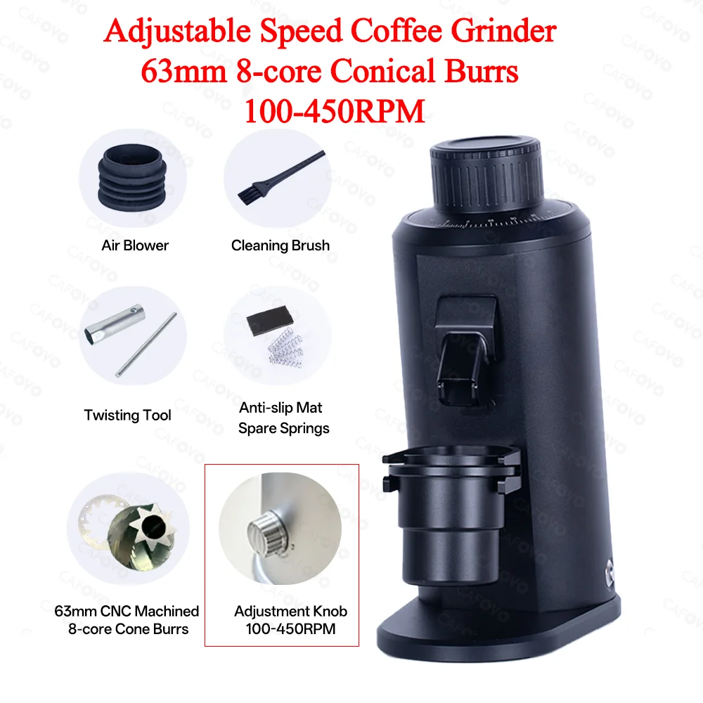 

CAFOVO G163CV Adjustable Speed Coffee Grinder 63mm 8-core Conical Burrs 100-450RPM 350W Brushless Motor for Espresso Coffee Mill