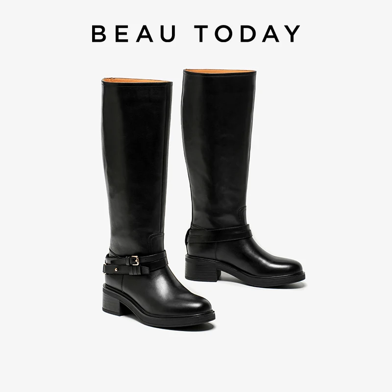 BEAUTODAY Long Boots Women Cow Leather Knee High Boots Round Toe Metal Buckle Ladies Riding Shoes Mid Heel Handmade 01415