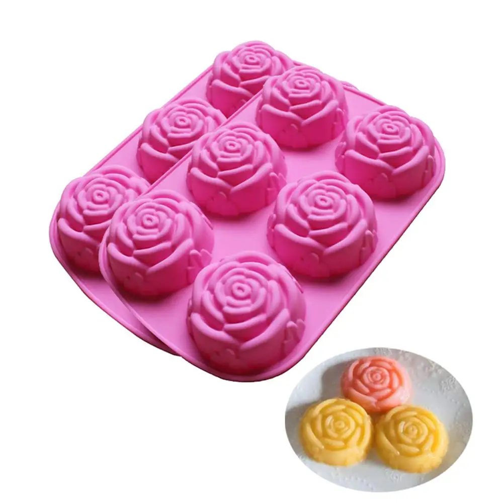 BAKER DEPOT Silicone Mold for Handmade Soap Cake Jelly Pudding Chocolate bakery 6 Cavity Rose Flower Design,Set of 2 Pink