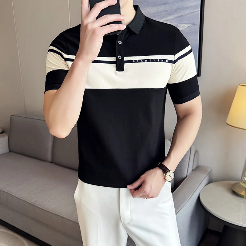 2024 Korean Contrasting POLO Shirt for Men Short Sleeve Slim Fit T-shirts Versatile Business Casual Lapel Tee Tops Men Clothing