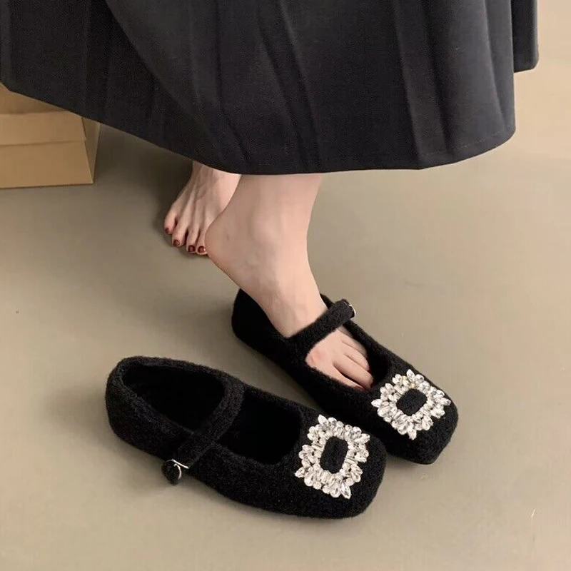 Luxury Crystal Buckle Fleece Ballet Flats Woman Winter Square Toe Warm Wool Mary Janes Shoes Ladies Brand Design Party Zapatos