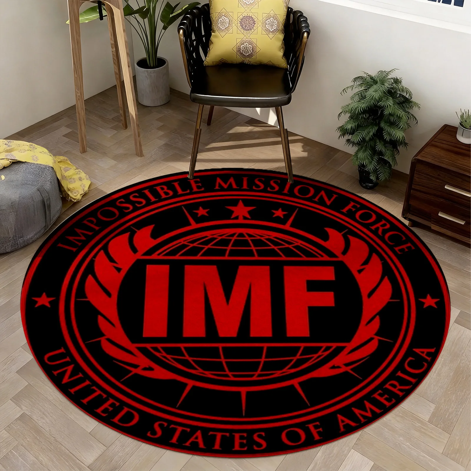 Round Circular Area Rug Mat Floor Carpet Modern Geometric Design IMF Logo Living Room Office Decor Plush Soft Multi-purpose Larg