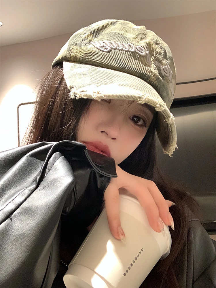 Korean Style Camouflage Letter Embroidery Baseball Cap Women's Autumn Winter Retro All-Match Large Head Circumference Small F...