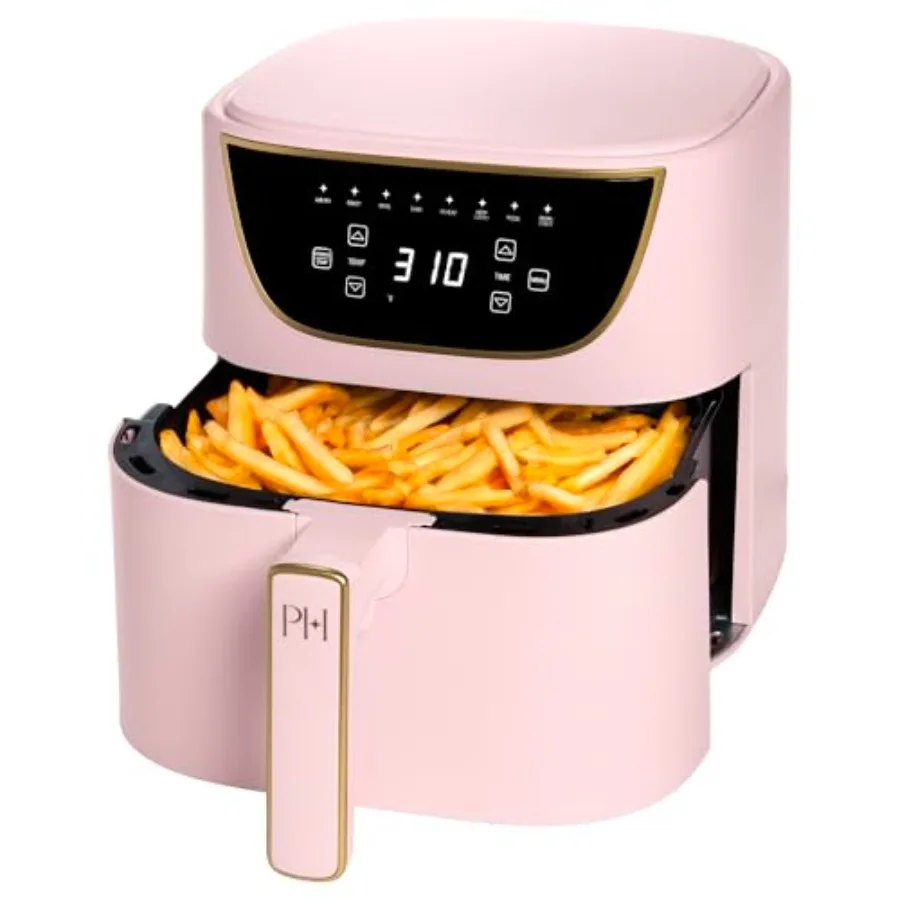 Air Fryer for home kitchen use, nonstick PFAS-free coating, pink color, 6-quart capacity with touchscreen and 8-in-1 functions