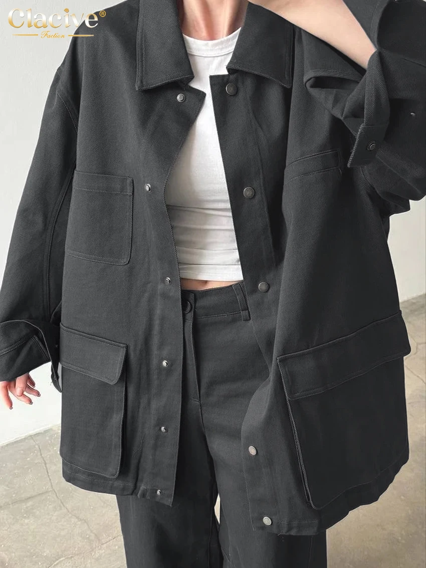 Clacive Set di pantaloni grigi larghi alla moda Set di 2 pezzi da donna elegante camicia a maniche lunghe con pantaloni larghi a vita alta Set di abbigliamento femminile