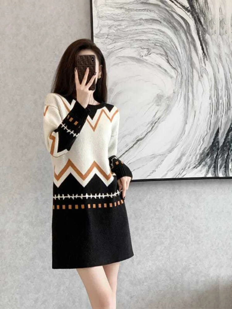 Female Knit Dress Color Matching Loose Women\'s Crochet Dresses One-piece Pieces Cotton Long Sleeve Autumn and Winter New in G X